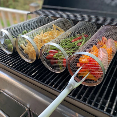 Stainless Steel Rolling BBQ Grill Basket for Vegetables Meat and Seafood