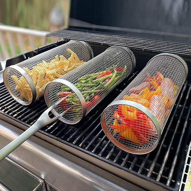 Stainless Steel Rolling BBQ Grill Basket for Vegetables Meat and Seafood