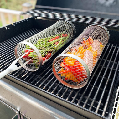 Stainless Steel Rolling BBQ Grill Basket for Vegetables Meat and Seafood