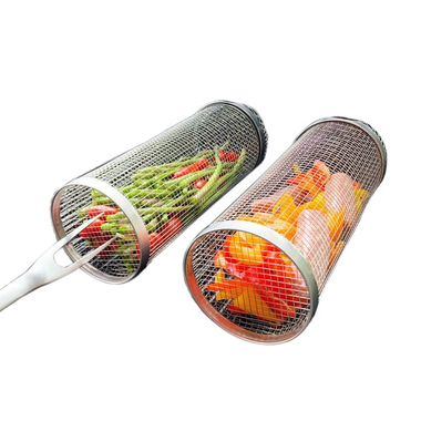 Stainless Steel Rolling BBQ Grill Basket for Vegetables Meat and Seafood