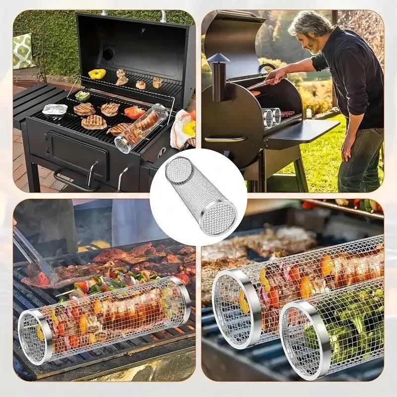 Stainless Steel Rolling Grill Baskets – 2-Piece Set