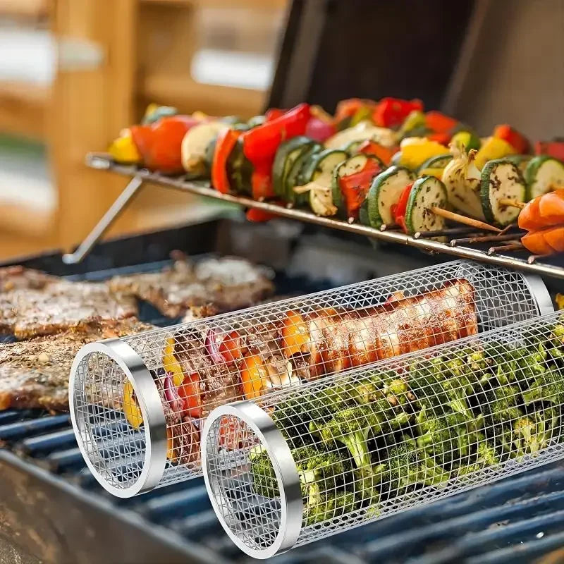 Stainless Steel Rolling Grill Baskets – 2-Piece Set
