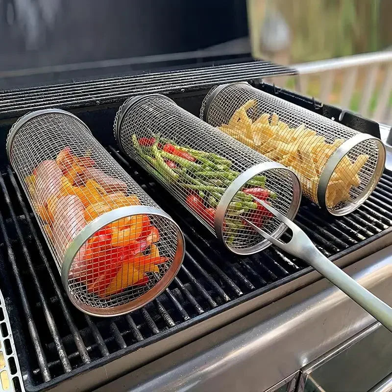 Stainless Steel Rolling Grill Baskets – 2-Piece Set